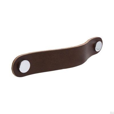 Tirador para mueble largo Loop Round 128, cuero marrón con cromo