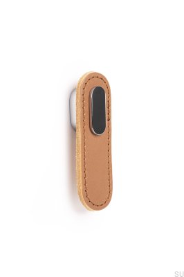 Pomo rectangular para mueble de cuero beige con cromo pulido