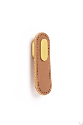 Pomo rectangular para muebles de cuero beige con oro cepillado