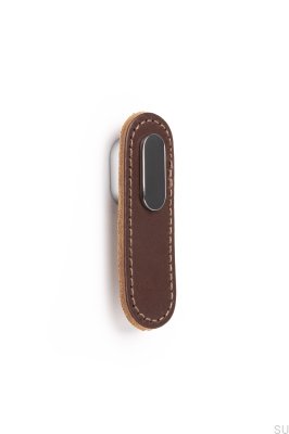 Perilla para muebles de cuero marrón oblongo con cromo pulido