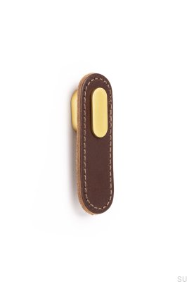 Pomo para mueble Oblongo Cuero Marrón con Oro Cepillado