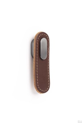 Tirador rectangular para muebles de cuero marrón con cepillado gris