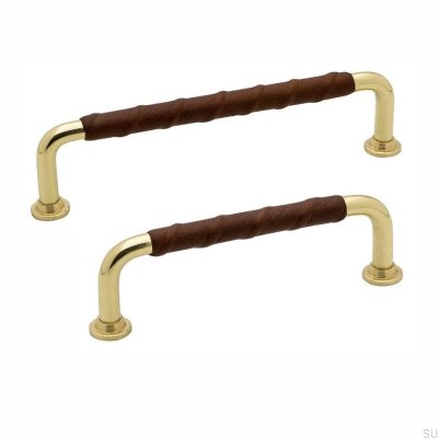 Tirador para mueble alargado 1353 96 Oro Latón Marrón Pulido cuero natural