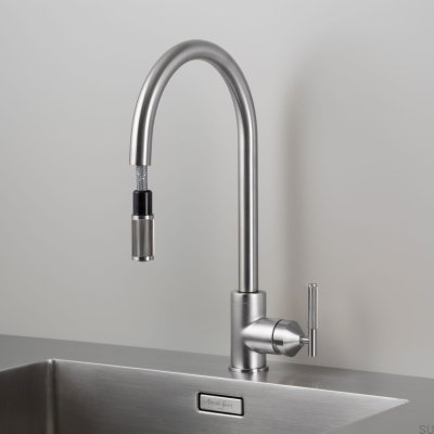 Grifo de cocina con caño extraíble, mezclador lineal de latón plateado con conector europeo.
