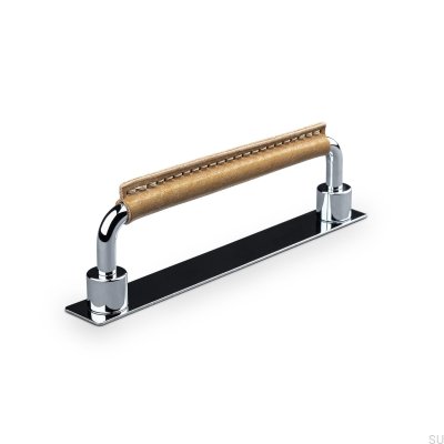 Tirador para mueble oblongo Asissi Stitched 128 cromo pulido con cuero marrón claro