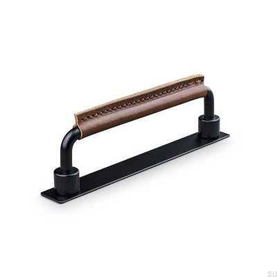 Tirador para mueble rectangular Asissi Stitched 128 Negro Mate con Cuero Marrón