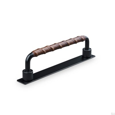 Tirador para mueble rectangular Asissi Wrapped 128, negro mate con cuero marrón