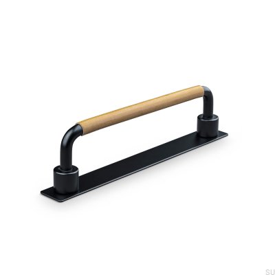 Tirador para mueble rectangular Asissi Swept 128 Negro Mate con Cuero Marrón Claro