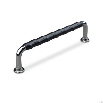 Tirador para mueble rectangular Burano Wrapped 128 Cromo pulido con cuero negro