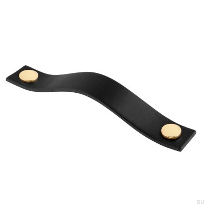 Tirador para mueble alargado Levanto 128, cuero negro y dorado