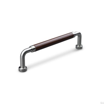 Tirador para mueble alargado Posta Swept 128 Plata Cepillada con Cuero Marrón