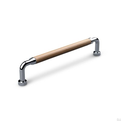 Tirador para mueble rectangular Posta Swept 160 Cromo Pulido con Piel Marrón Claro