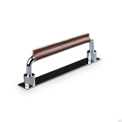 Tirador para mueble rectangular Asissi Stitched 128 Cromo Pulido con Piel Marrón