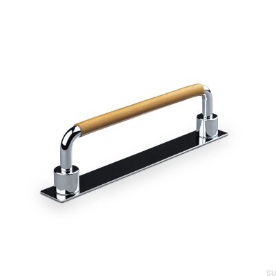 Tirador para mueble rectangular Asissi Swept 128 Cromo Pulido con Piel Marrón Claro