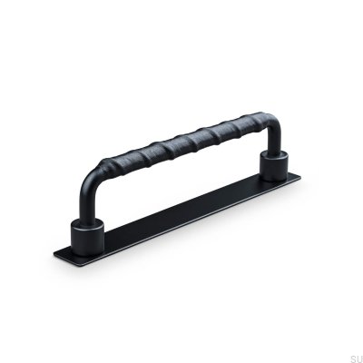  Tirador para mueble rectangular Asissi Wrapped 128 Negro Mate con Cuero Negro