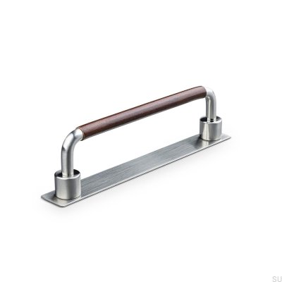 Tirador para mueble rectangular Asissi Swept 128 Plata Cepillado con Cuero Marrón