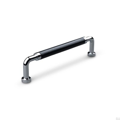 Tirador para mueble rectangular Posta Swept 128 Cromo Pulido con Cuero Negro