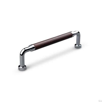 Tirador para mueble rectangular Posta Swept 128 Cromo Pulido con Piel Marrón