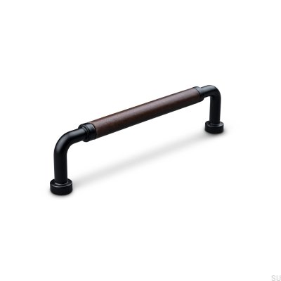 Tirador para mueble rectangular Posta Swept 128 Metal Negro Mate con Cuero Marrón