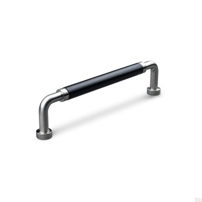 Tirador para mueble alargado Posta Swept 128 Plata Cepillada con Cuero Negro