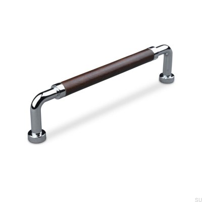 Tirador para mueble rectangular Posta Swept 160 Cromo Pulido con Piel Marrón Claro