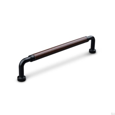 Tirador para mueble rectangular Posta Swept 160 Metal Negro Mate con Cuero Marrón