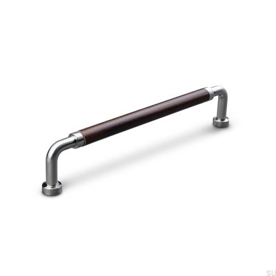 Tirador para mueble alargado Posta Swept 128 Plata Cepillada con Cuero Marrón