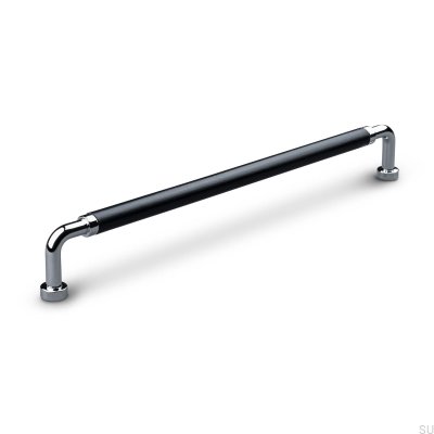 Tirador para mueble rectangular Posta Swept 224 Cromo Pulido con Cuero Negro