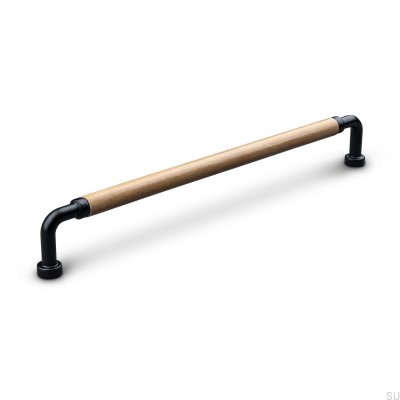 Tirador para mueble rectangular Posta Swept 224 Metal Negro Mate con Cuero Marrón Claro
