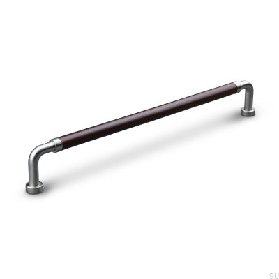 Tirador para mueble alargado Posta Swept 224 Plata Cepillada con Cuero Marrón