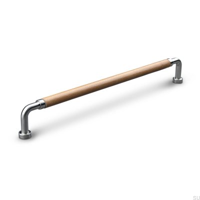 Tirador para mueble alargado Posta Swept 224 Plata cepillado con cuero marrón claro