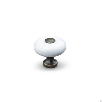 Pomo para mueble Tods 30, porcelana blanca con metal oxidado