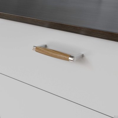 Tirador para mueble rectangular Hjo 128, cromo pulido con madera de roble