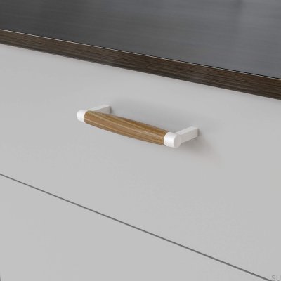 Tirador para mueble rectangular Hjo 128, metal blanco mate con madera de roble