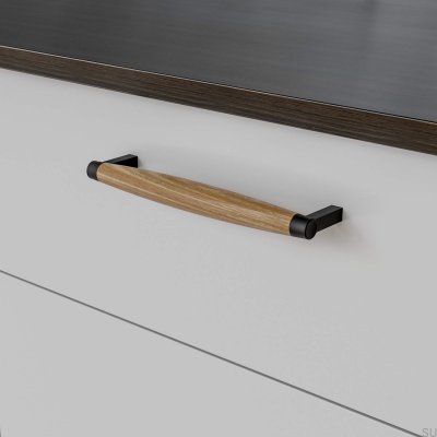 Tirador para mueble rectangular Hjo 192, metal negro mate con madera de roble