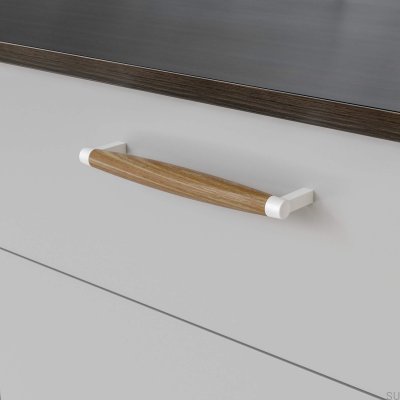 Tirador para mueble rectangular Hjo 192, metal blanco mate con madera de roble