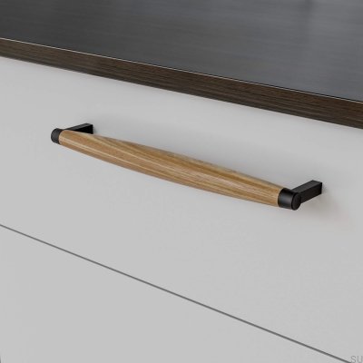 Tirador para mueble rectangular Hjo 256, metal negro mate con madera de roble