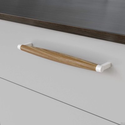 Tirador para mueble rectangular Hjo 256, metal blanco mate con madera de roble