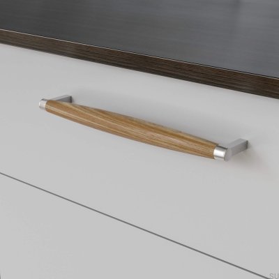 Tirador para mueble alargado Hjo 256, plata cepillado con madera de roble