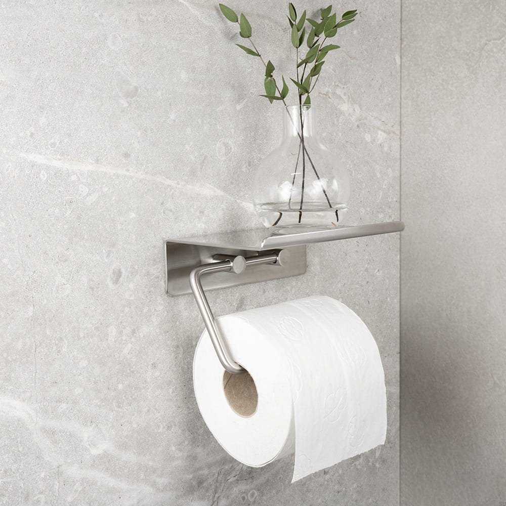60606-41--Uchwyt na papier toaletowy z półką Base Stalowy Szczotkowany Beslag Design