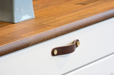 Tirador para mueble largo Loop Round 128, cuero marrón con cromo