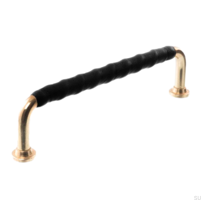 Tirador para mueble alargado LL 1353 128 Latón pulido con cuero negro