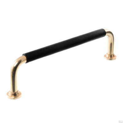 Tirador para mueble alargado LS 1353 128 Latón pulido con cuero negro