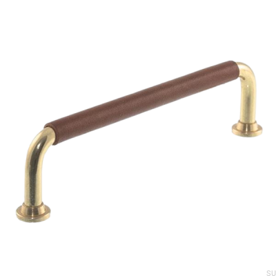 Tirador para mueble alargado 0131LS 1353 128 Latón pulido con cuero marrón