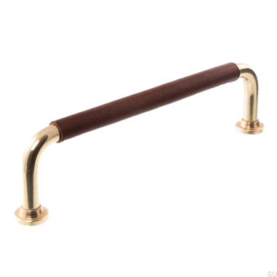 Tirador para mueble alargado 0132LS 1353 128 Latón pulido con cuero marrón