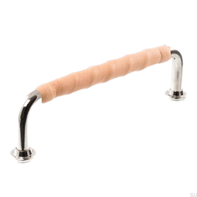 Tirador para mueble alargado LL 1353 128 Níquel pulido con cuero natural