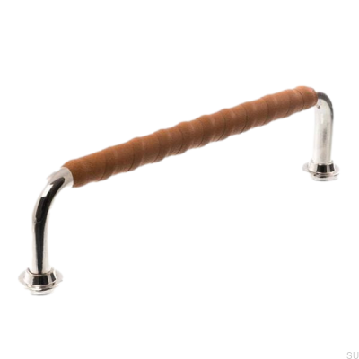 Tirador para mueble alargado 1131LL 1353 128 Níquel pulido con cuero marrón