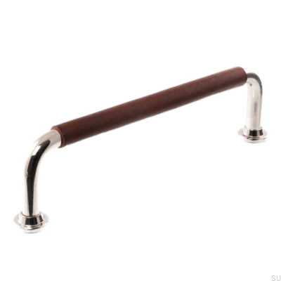 Tirador para mueble rectangular 1132LS 1353 128 Níquel pulido con cuero marrón
