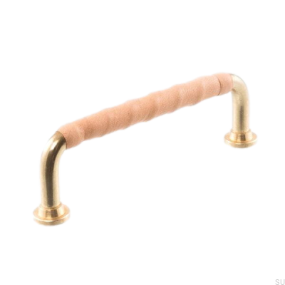Tirador para mueble alargado LL 1353 96 Latón pulido con cuero natural