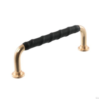 Tirador para mueble alargado LL 1353 96 Latón pulido con cuero negro